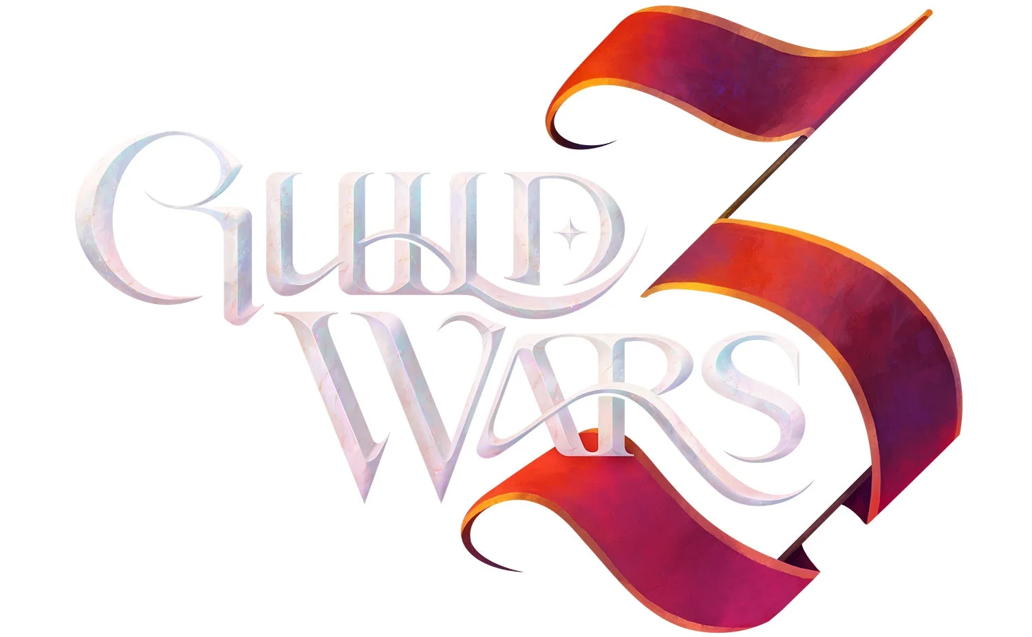 白い背景に「Guild Wars 3」と書かれたロゴデザインです。文字はエレガントな書体で、数字の「3」は赤いリボンのような形状で表現されており、ゲームのタイトルアートを示しています。