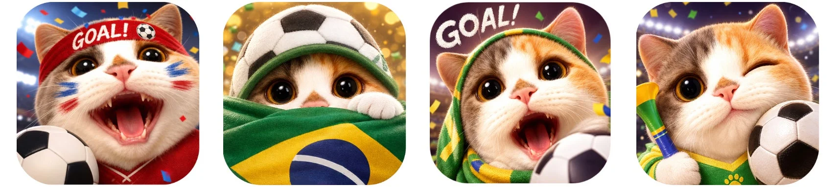 AI猫たちがサッカーユニフォーム姿で応援する様子