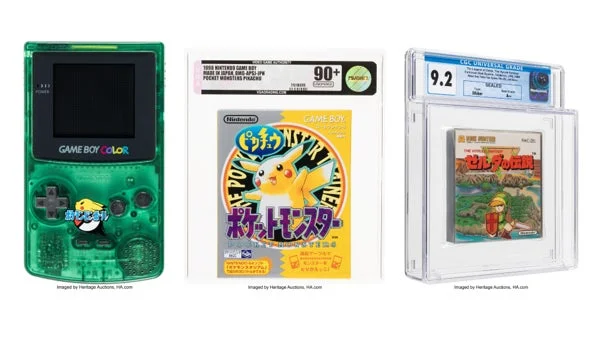 緑色のゲームボーイカラー本体と、鑑定済みの「ポケットモンスター ピカチュウ」および「ゼルダの伝説」のゲームボーイソフトが並べられた画像