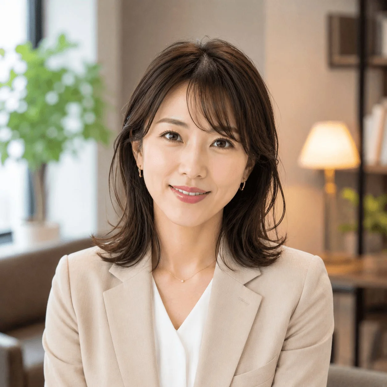 女性、笑顔、ビジネス、ポートレート、アジア人、日本人、スーツ、オフィス、屋内、明るい、プロフェッショナル、ファッション、カジュアル