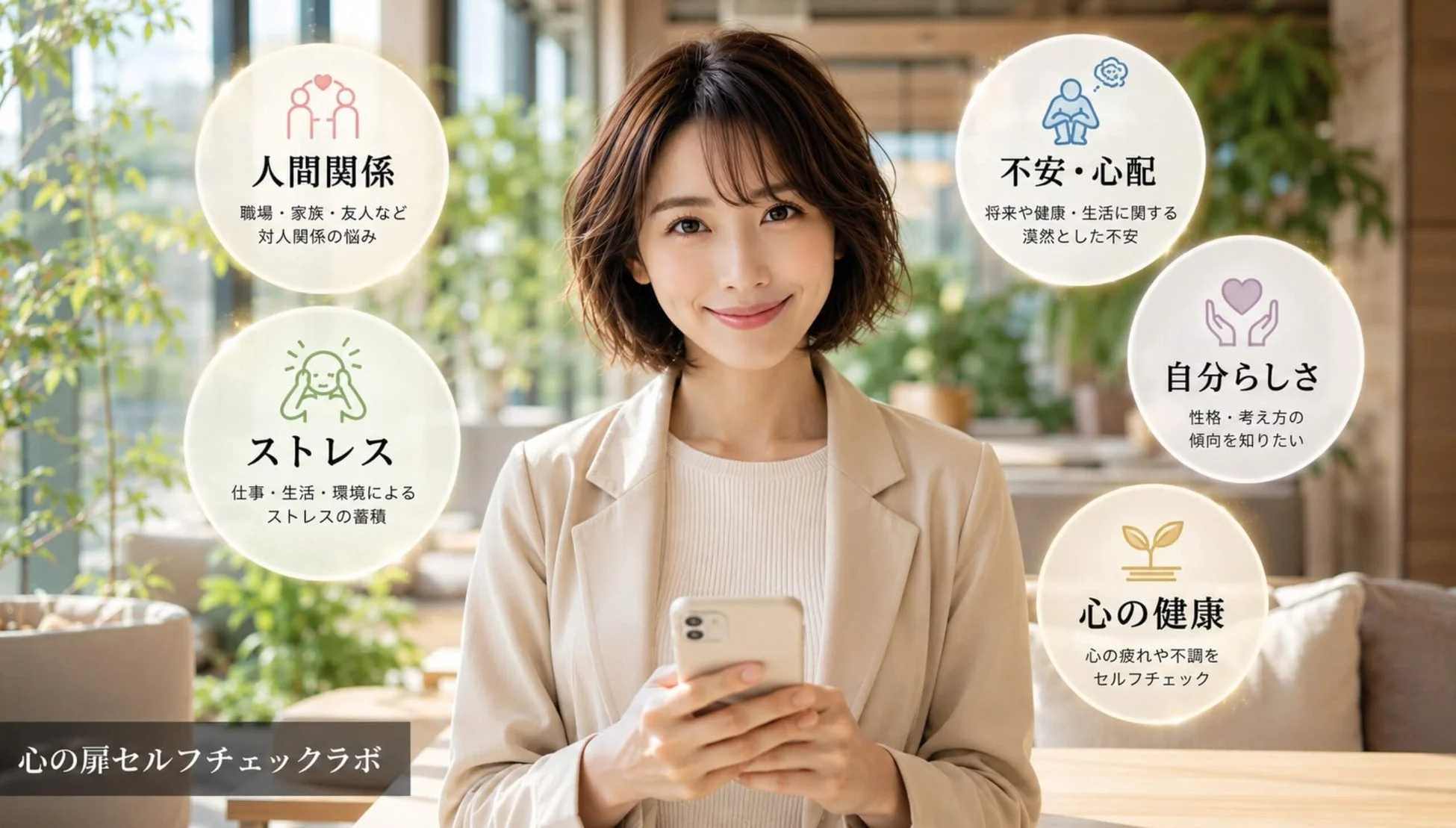 心の健康、セルフチェック、メンタルヘルス、人間関係、ストレス、不安、自分らしさ、自己分析、健康管理、女性、スマートフォン