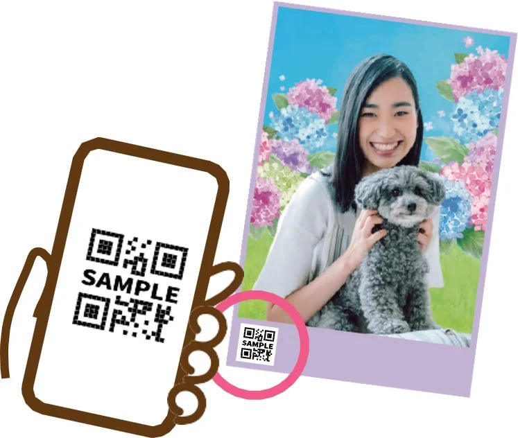 スマートフォンで写真に印刷されたQRコードをスキャンしている様子