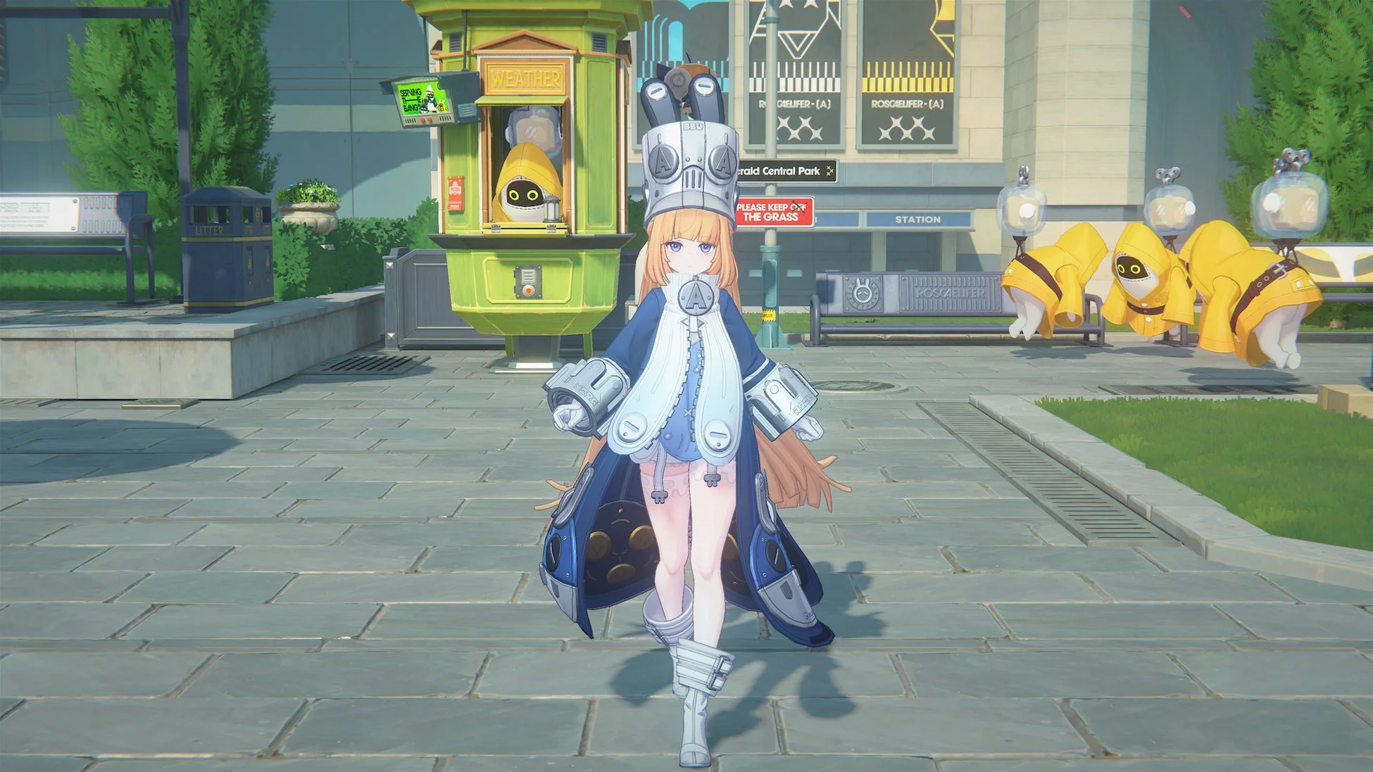 アニメ風の少女が都市の公園のような場所に立つ