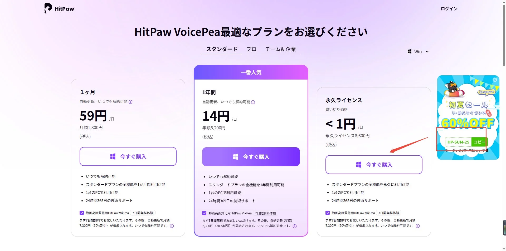 HitPaw VoicePeaの料金プランとクーポンコードの表示