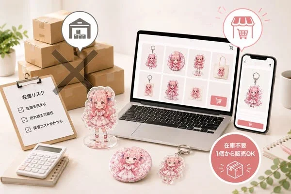在庫リスクを抱える従来型の物販と、在庫不要で1個から販売できるEコマースのメリットを比較した画像