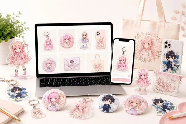 ノートパソコンとスマートフォンを中心に、可愛いアニメキャラクターがデザインされた様々なグッズが展示されている様子