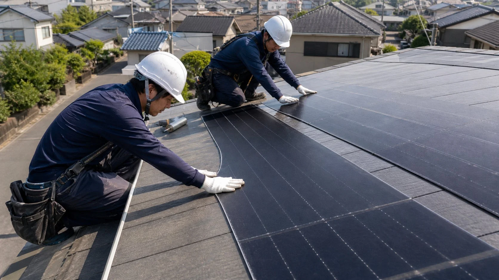 住宅の屋根で太陽光パネルの設置作業を行う作業員