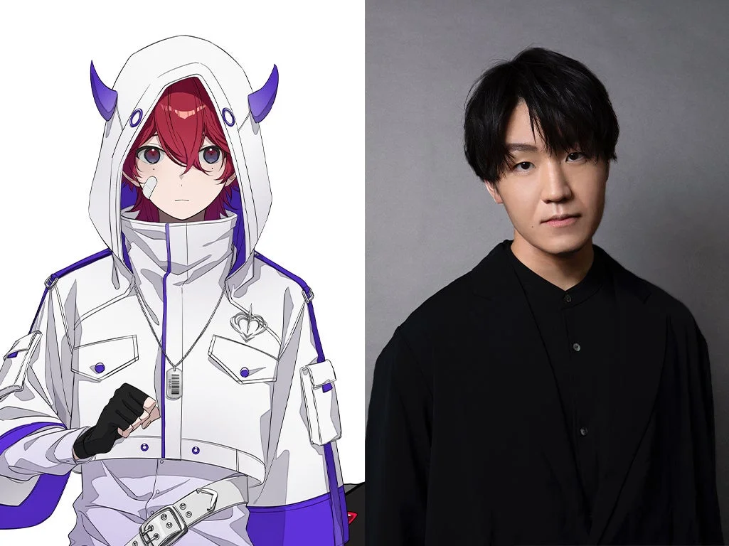赤い髪と紫色の角が付いた白いフードを被ったアニメキャラクターと、黒いシャツを着た男性が並べられた画像