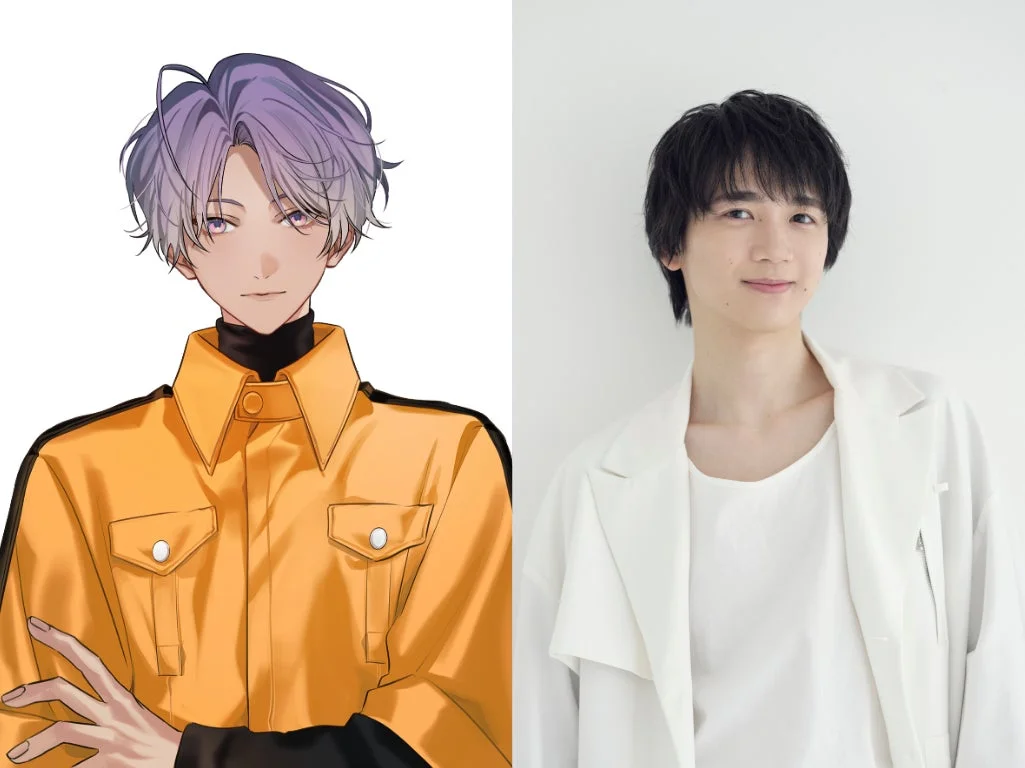 紫色の髪を持つアニメ風の男性キャラクターと、白い衣装を着た若い男性が笑顔で写っている二分割の画像
