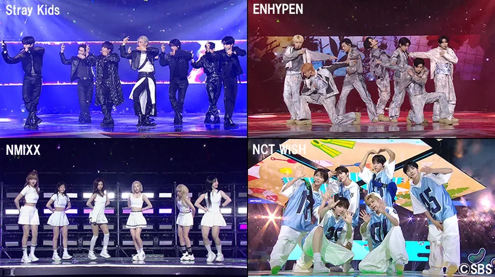 Stray Kids、ENHYPEN、NMIXX、NCT WISHの4組のK-POPグループがそれぞれのステージでパフォーマンスしている様子を捉えた分割画像です。各グループの衣装やステージ演出の違いが見られます。