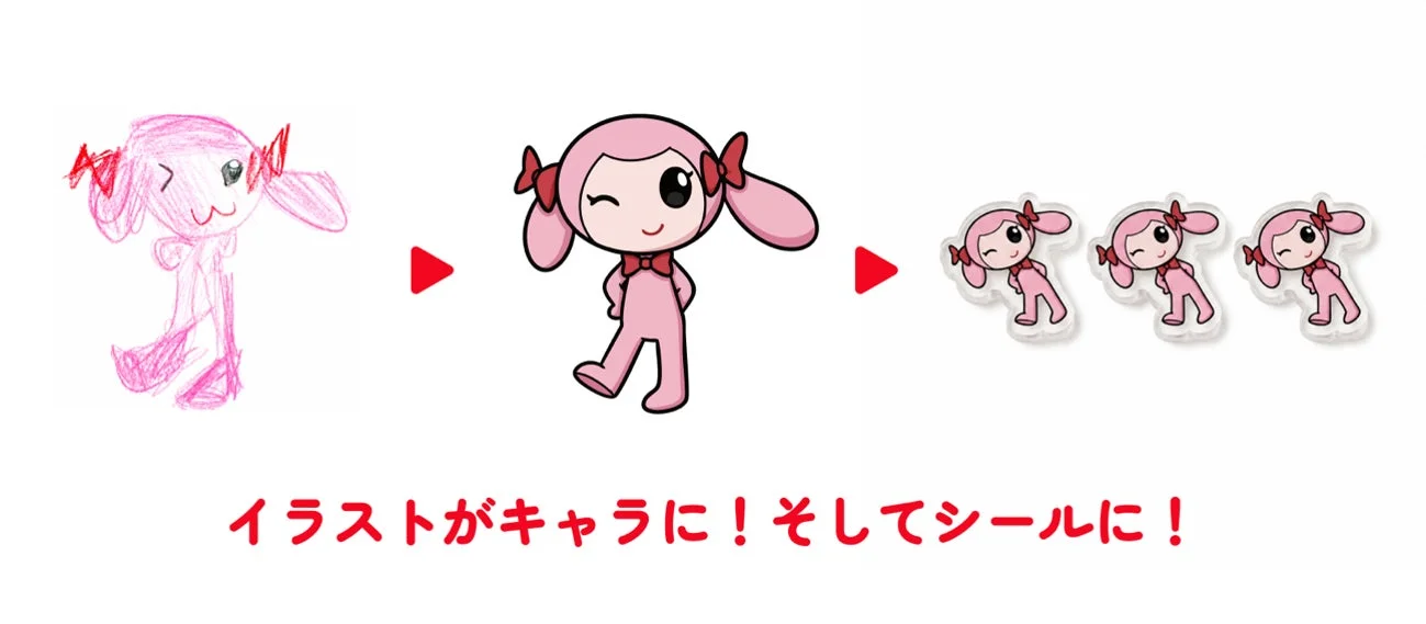 子供が描いたピンク色のイラストが、プロによって可愛いキャラクターにデザインされ、さらにそのキャラクターがシールになるまでの過程を示した画像です。