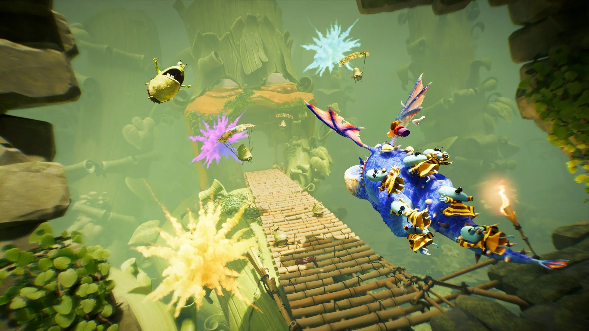 青い巨大な生き物が小さなキャラクターを乗せて空中を飛ぶ、ファンタジーなゲームの世界のシーン