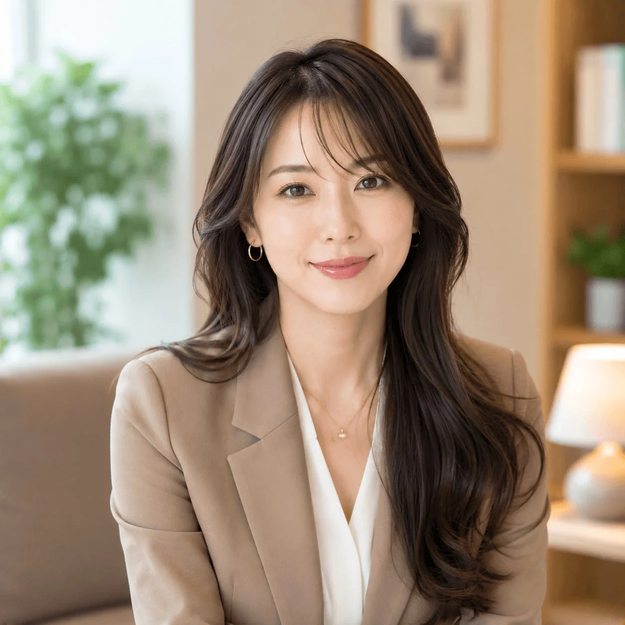 女性、日本人、笑顔、ビジネス、ポートレート、屋内、カジュアル、ファッション、美しい、ロングヘア
