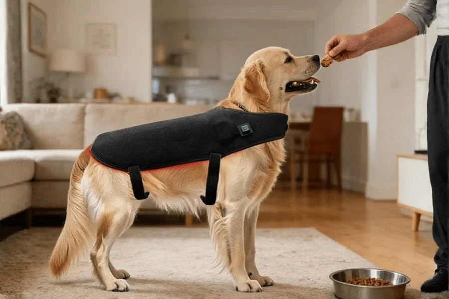 黒い電熱ベストを着たゴールデンレトリバーが飼い主からおやつをもらっている