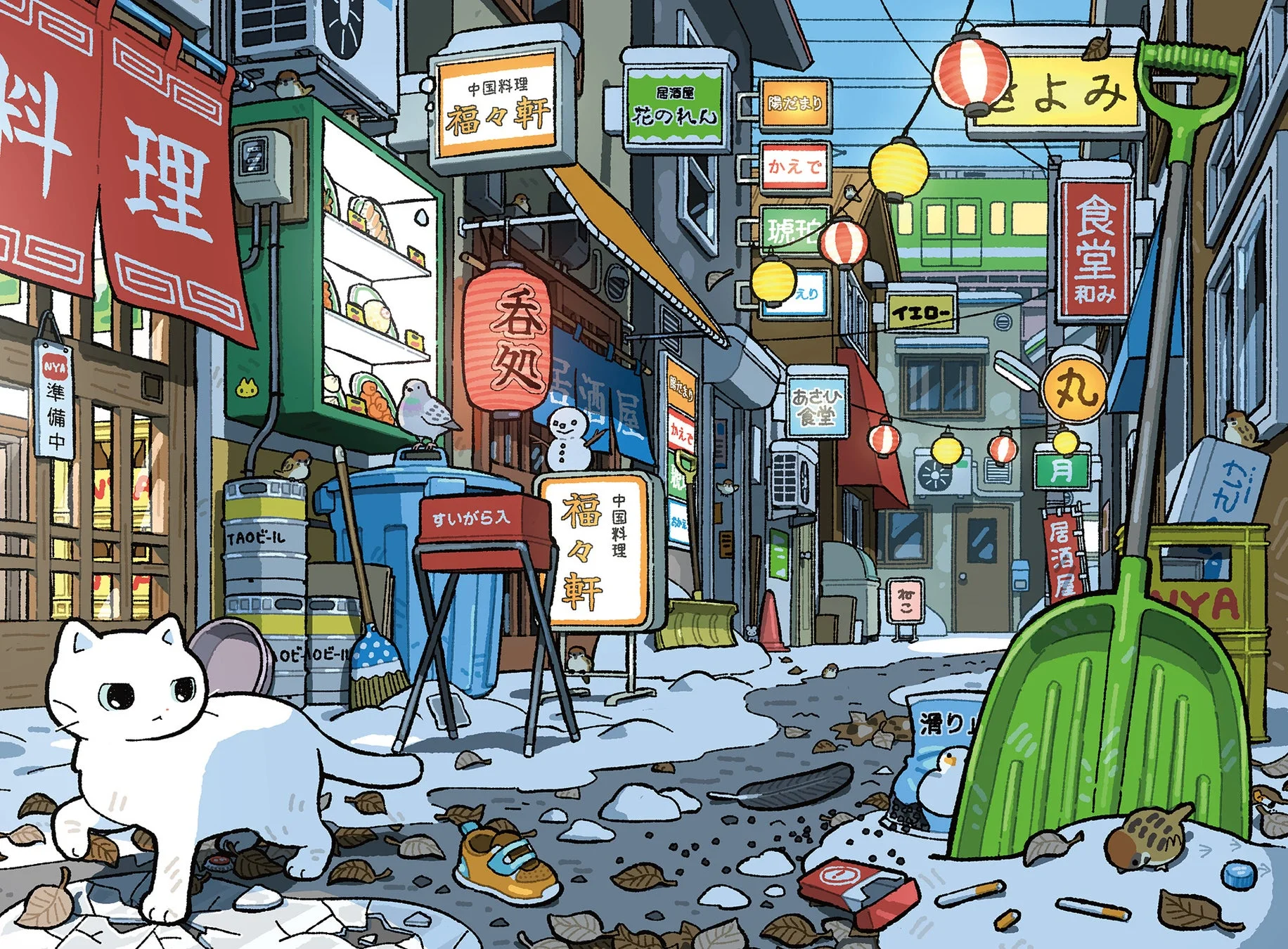 雪が積もった日本の路地裏と白い猫