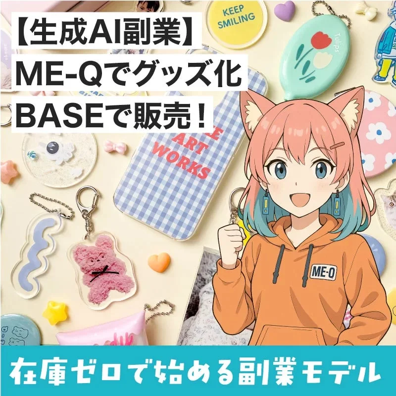 生成AIを活用してME-Qでオリジナルグッズを制作し、BASEで販売する副業モデルを紹介する画像