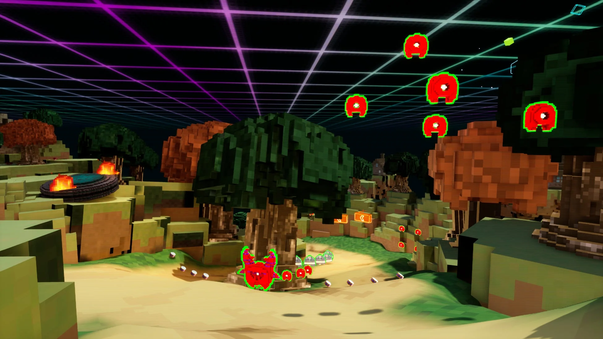 ブロック状の地形と樹木が広がる、3Dピクセルアートのゲーム画面