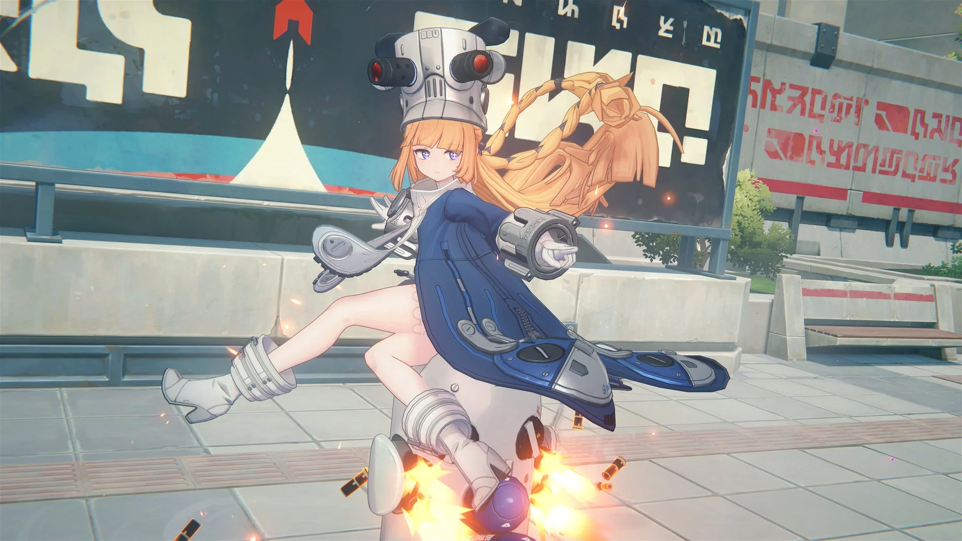 金髪の少女が白い球状のロボットに乗る
