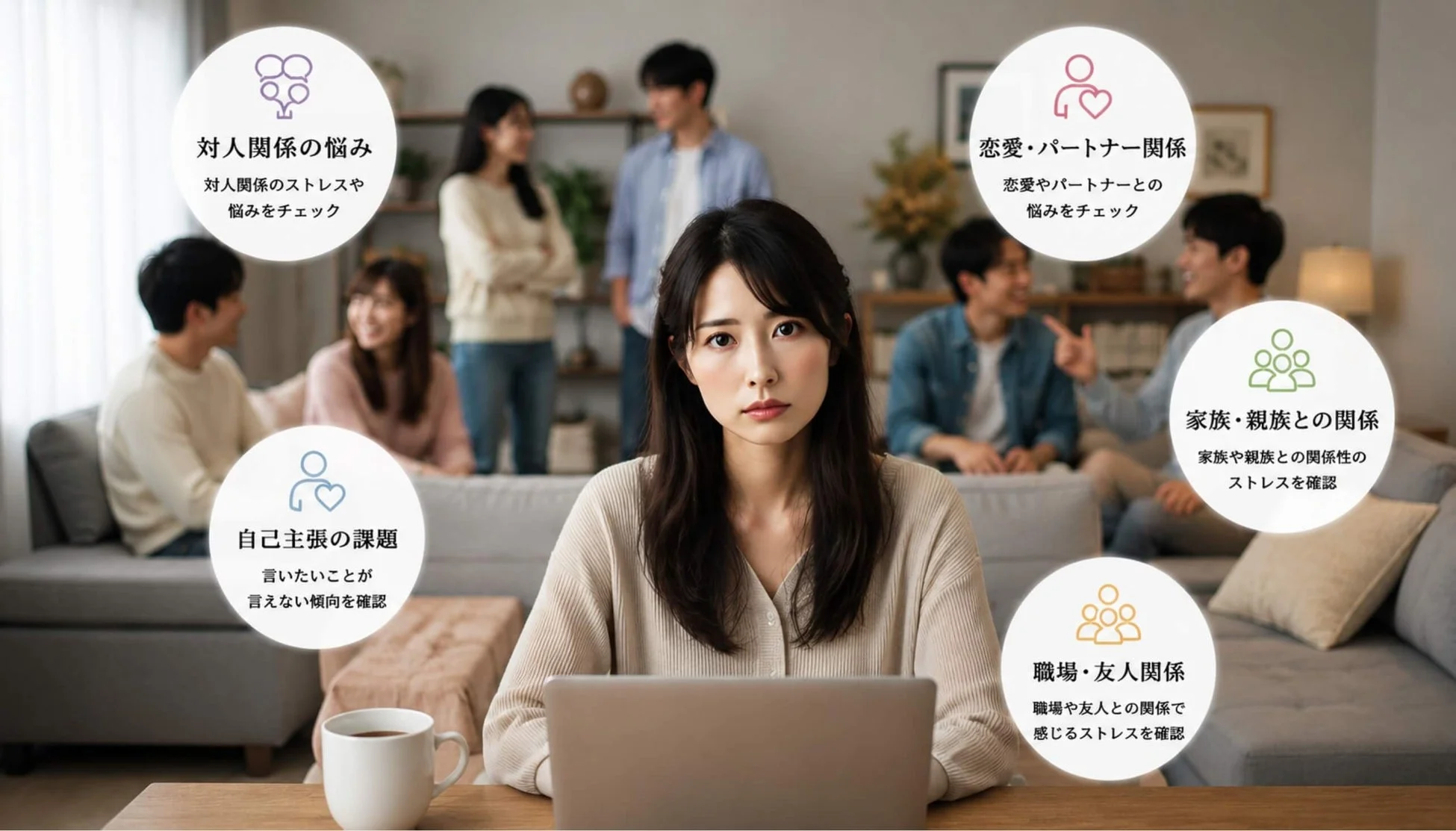 女性、若者、人間関係、悩み、ストレス、メンタルヘルス、自己主張、恋愛、家族、友人、職場、コミュニケーション、心理、カウンセリング、ライフスタイル
