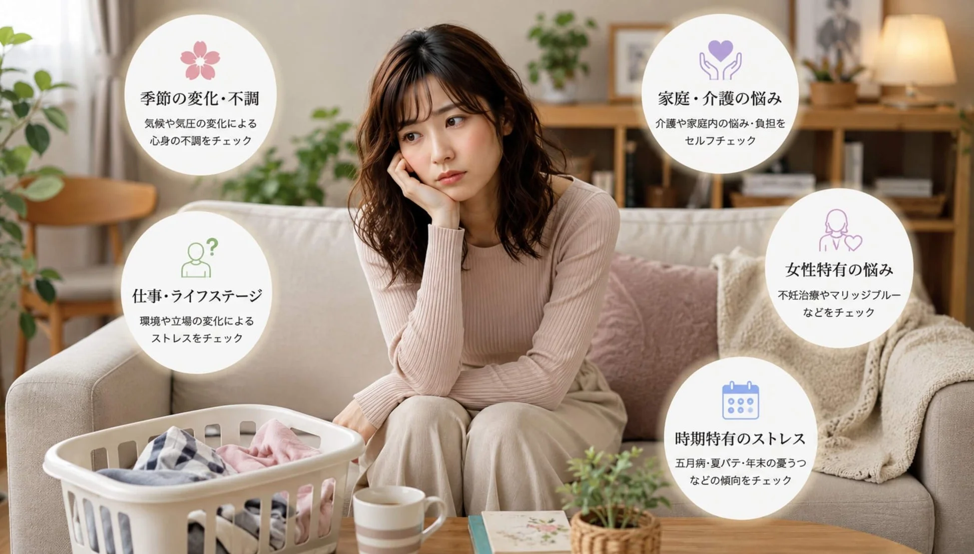 悩み、ストレス、セルフチェック、季節の変化、心身の不調、家庭の悩み、介護の悩み、仕事の悩み、ライフステージ、女性特有の悩み、不妊治療、マリッジブルー、時期特有のストレス、五月病、夏バテ、年末の憂うつ、女性、リビング、ソファ、考える、不安