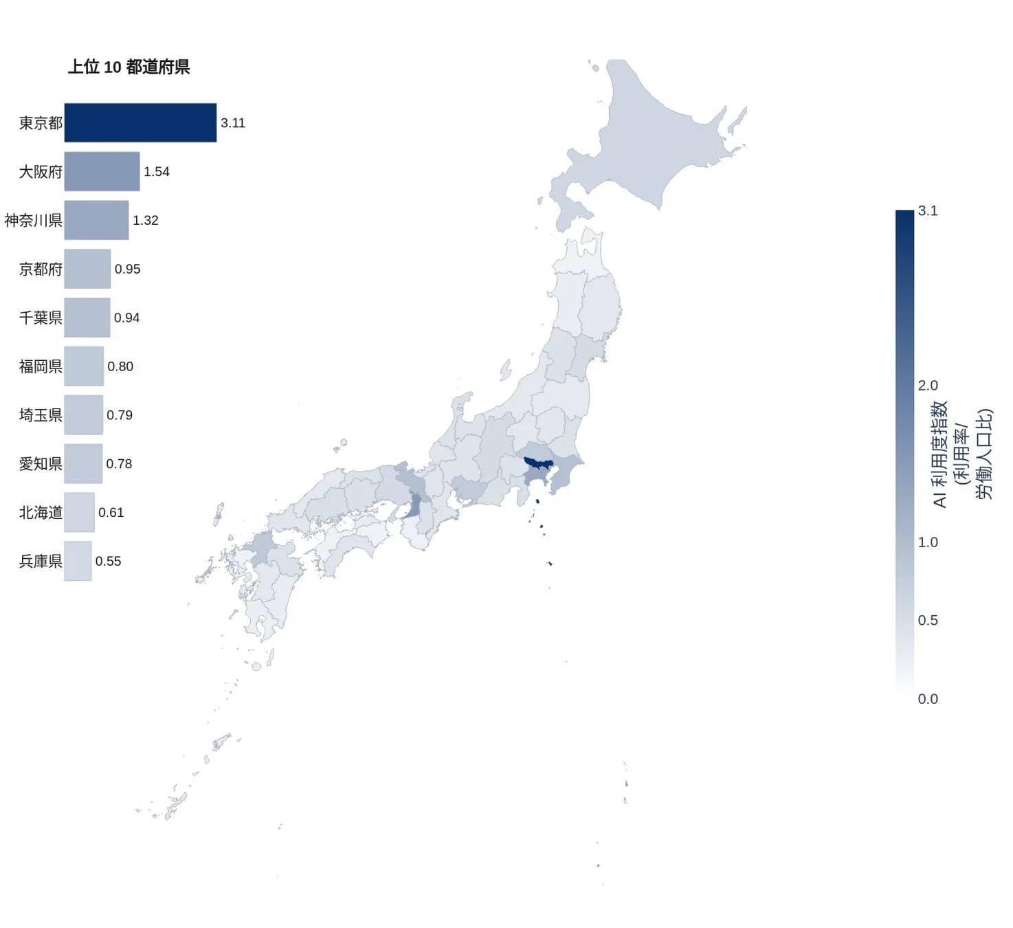 AI利用度指数（利用率/労働人口比）の日本地図