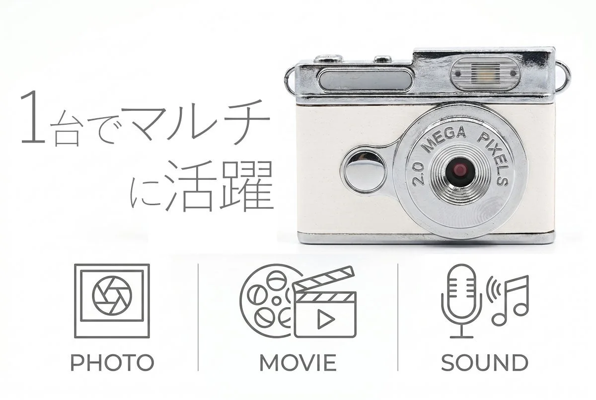 「1台でマルチに活躍」というキャッチフレーズとともに、レトロなデザインのコンパクトデジタルカメラが写っています。