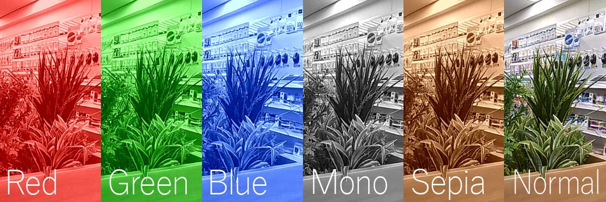 同じ植物と棚の風景が、赤、緑、青、モノクロ、セピア、ノーマルといった異なるカラーフィルターで処理され、比較できるように並べられています。