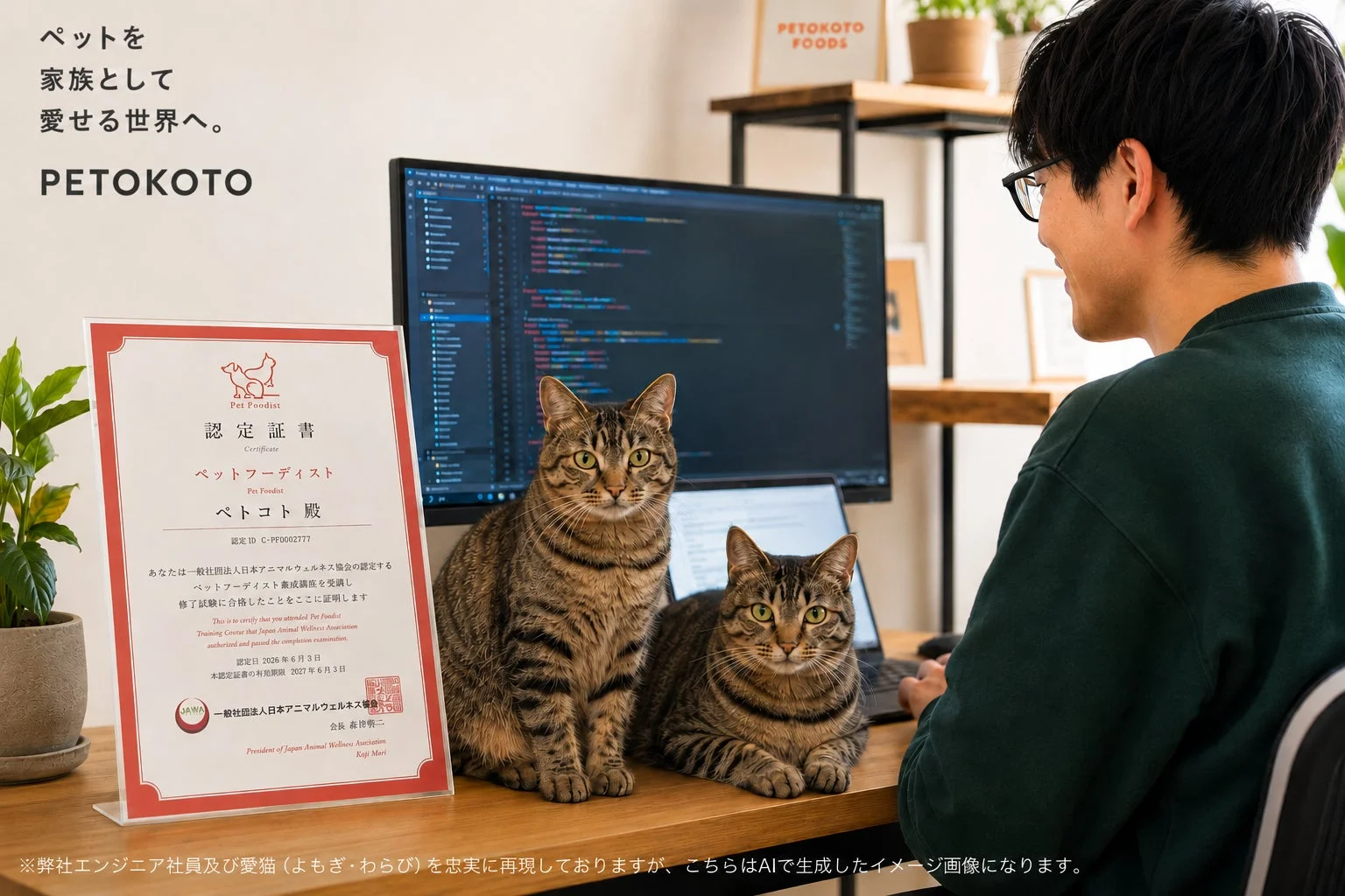 デスクでPC作業をする男性と猫、ペットフーディスト認定証