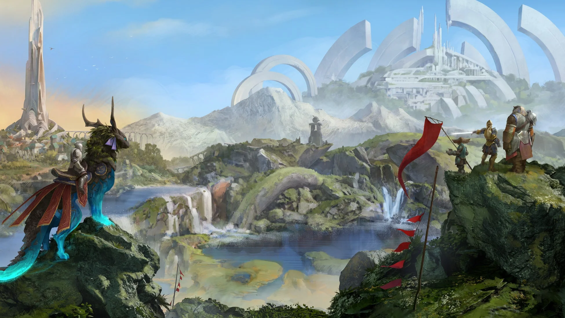 壮大なファンタジー世界を描いたデジタルアート。光る騎乗生物に乗った戦士と冒険者たちが、滝や湖が広がる谷の向こうに見える未来的な都市や巨大なアーチ状の建造物を見下ろしている。異世界の冒険と探求を感じさせる景観。