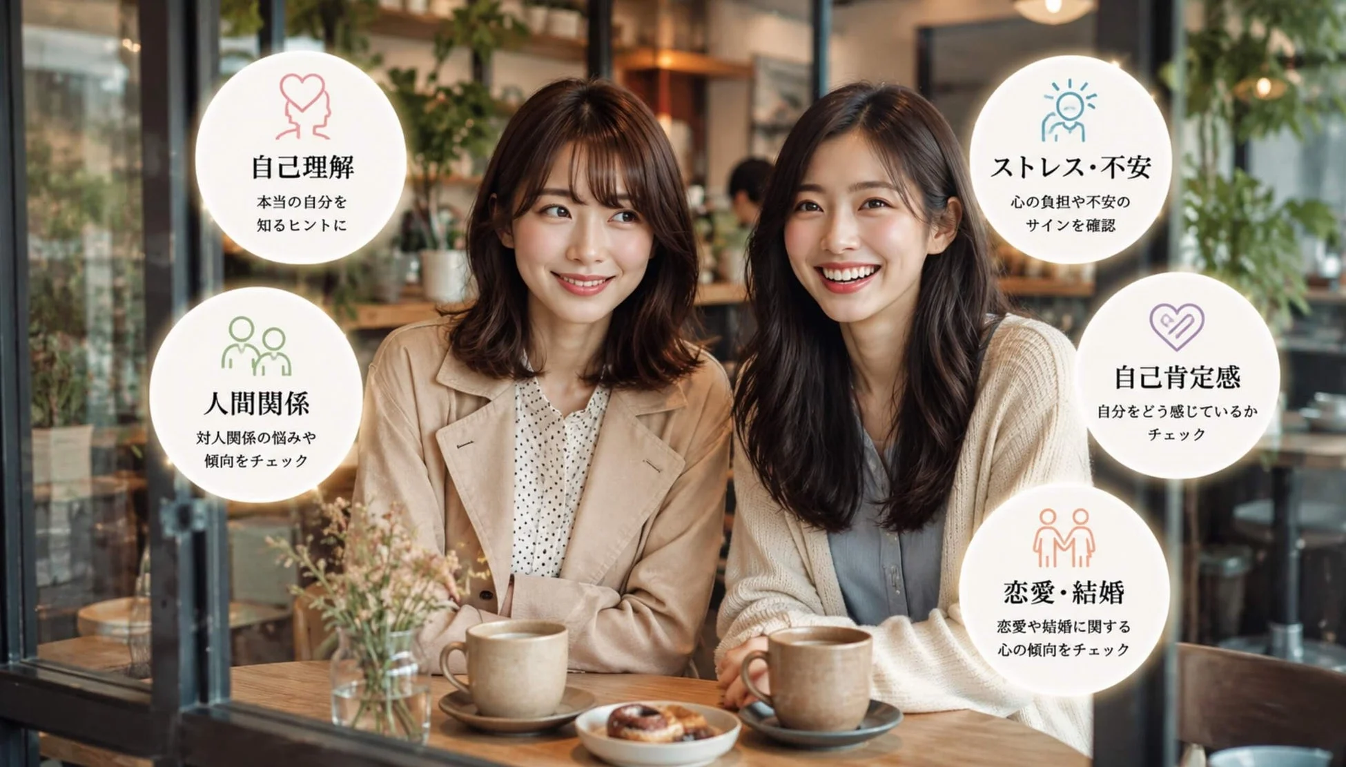 女性、笑顔、カフェ、友人、自己理解、人間関係、ストレス、自己肯定感、恋愛、結婚、メンタルヘルス、ライフスタイル