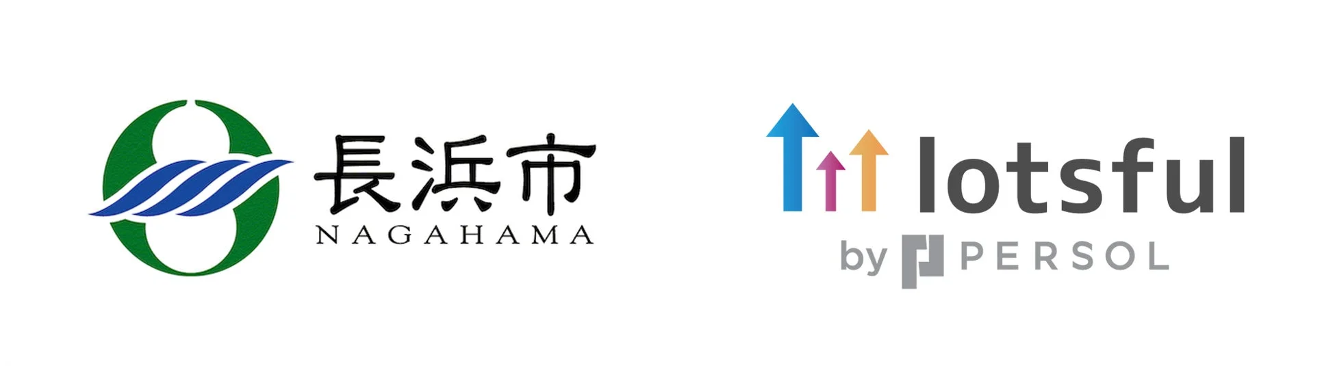 長浜市のロゴと、人材サービス企業パーソルが提供するサービス「lotsful」のロゴが並んで表示されています。自治体と企業のロゴマークを対比した画像です。