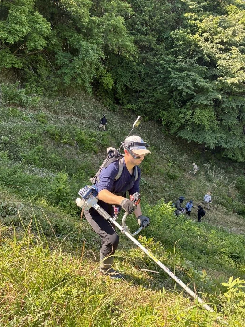 急な草地の斜面で男性が草刈り機を操作しています。背景には他にも数人が斜面で草刈り作業をしており、豊かな緑の木々に囲まれた共同での緑地整備の様子です。