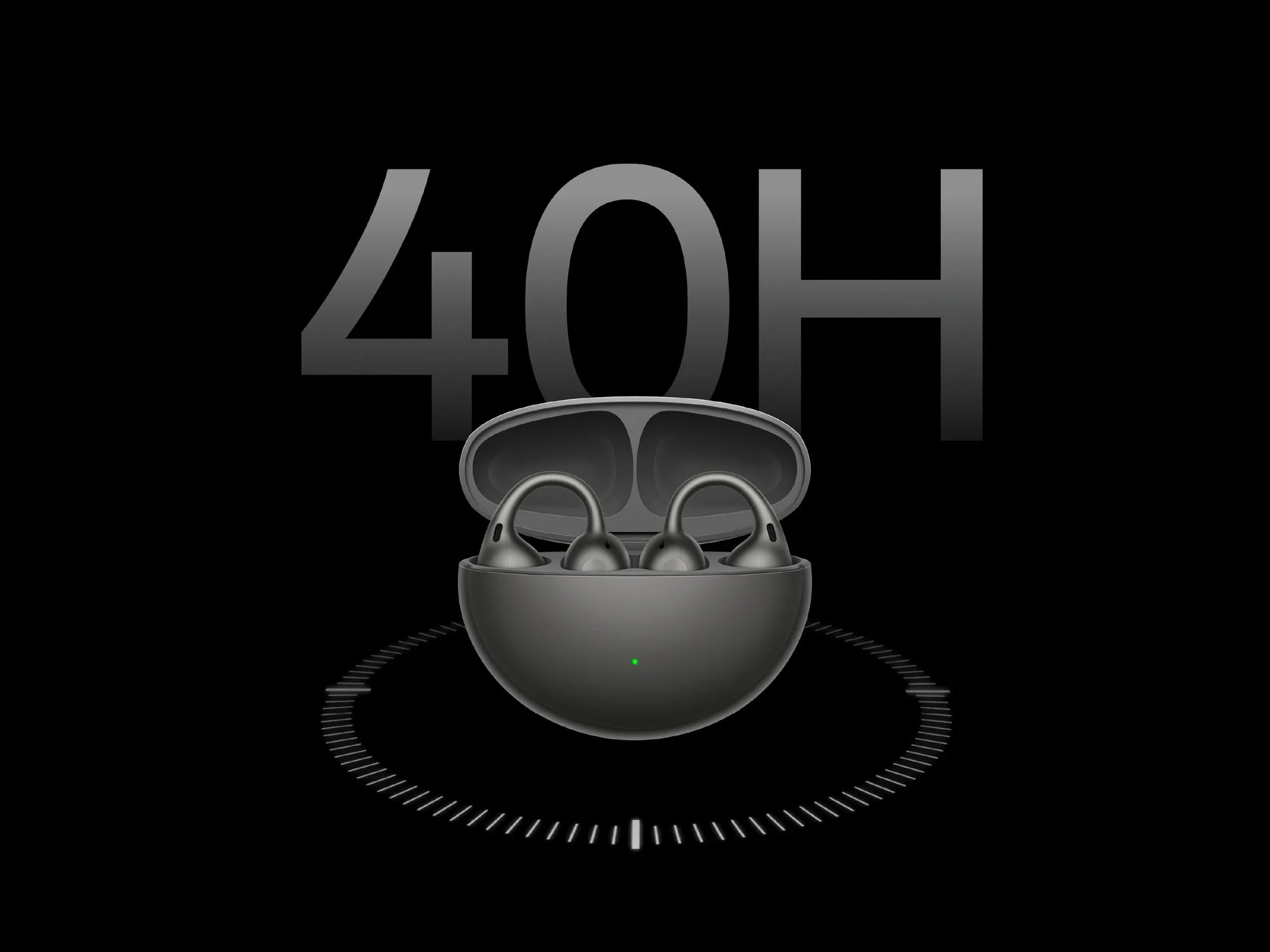 充電ケースに入った暗いグレーのワイヤレスイヤホンと「40H」の文字