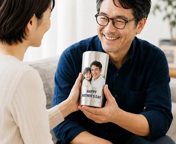 女性が男性に「HAPPY FATHER'S DAY」と書かれた写真入りのタンブラーを贈っている場面です