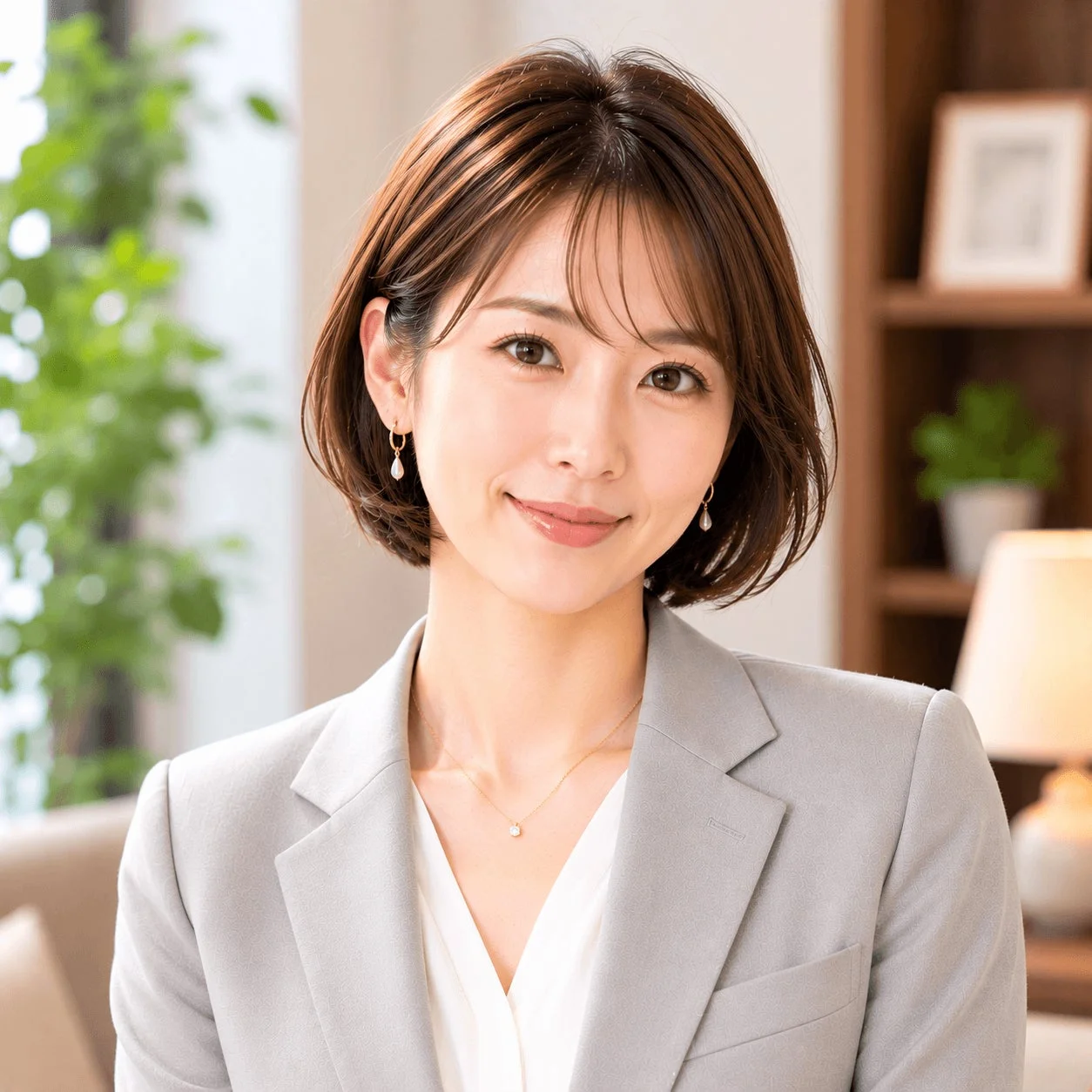 女性、笑顔、ショートヘア、スーツ、ビジネス、プロフェッショナル、室内、アジア人、日本人、ピアス、ネックレス、明るい、信頼感、オフィススタイル