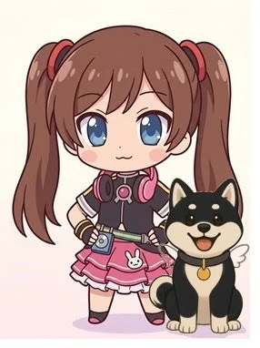 可愛らしいデフォルメ少女と黒い柴犬のイラスト