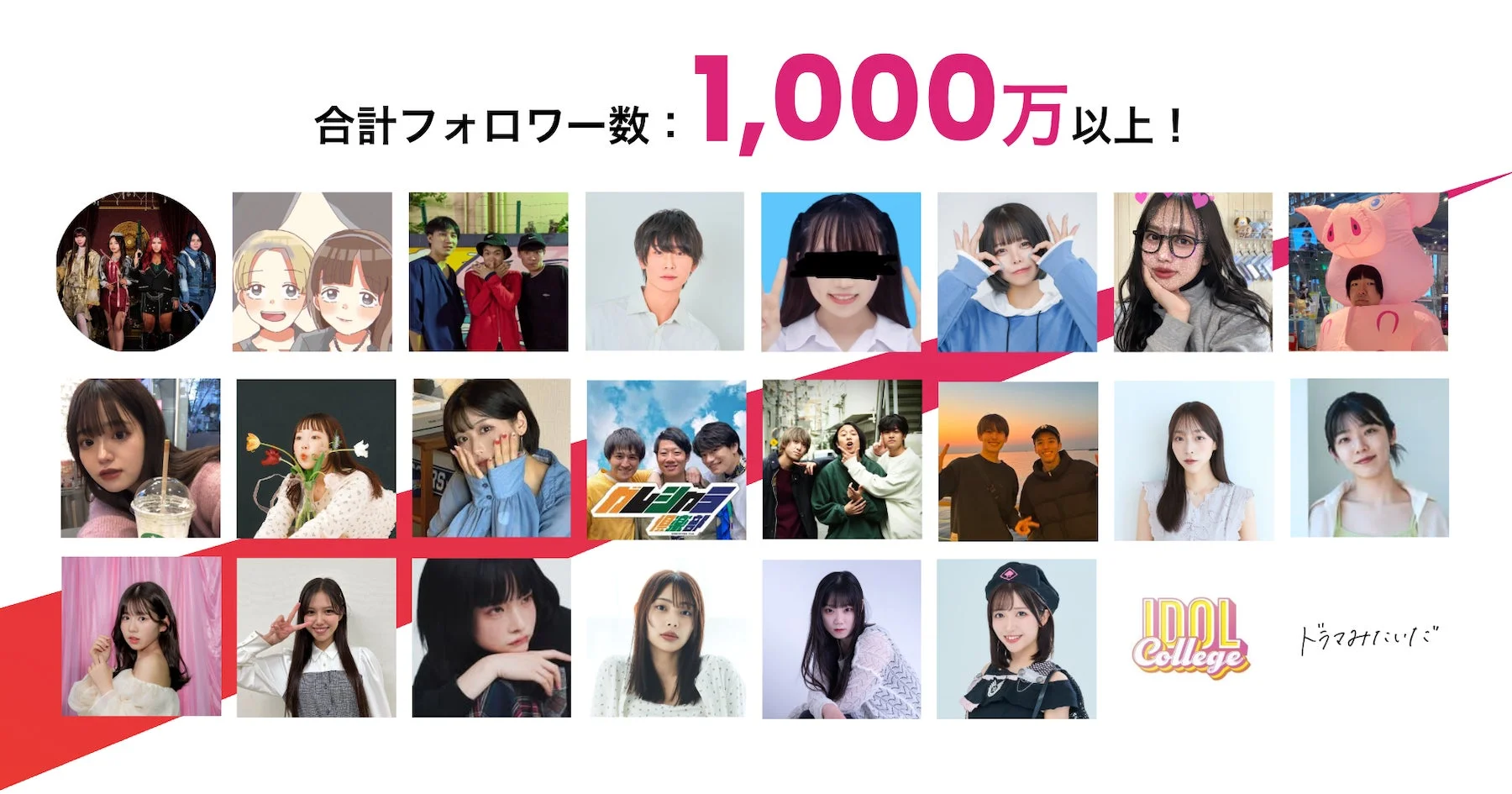 総フォロワー数1,000万以上をアピールする、複数のインフルエンサーやタレント、アイドルたちのプロフィール写真が並ぶ集合画像