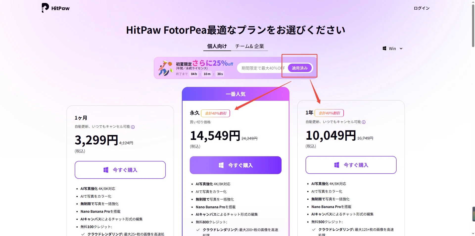 HitPaw FotorPeaの料金プランで割引が適用された状態