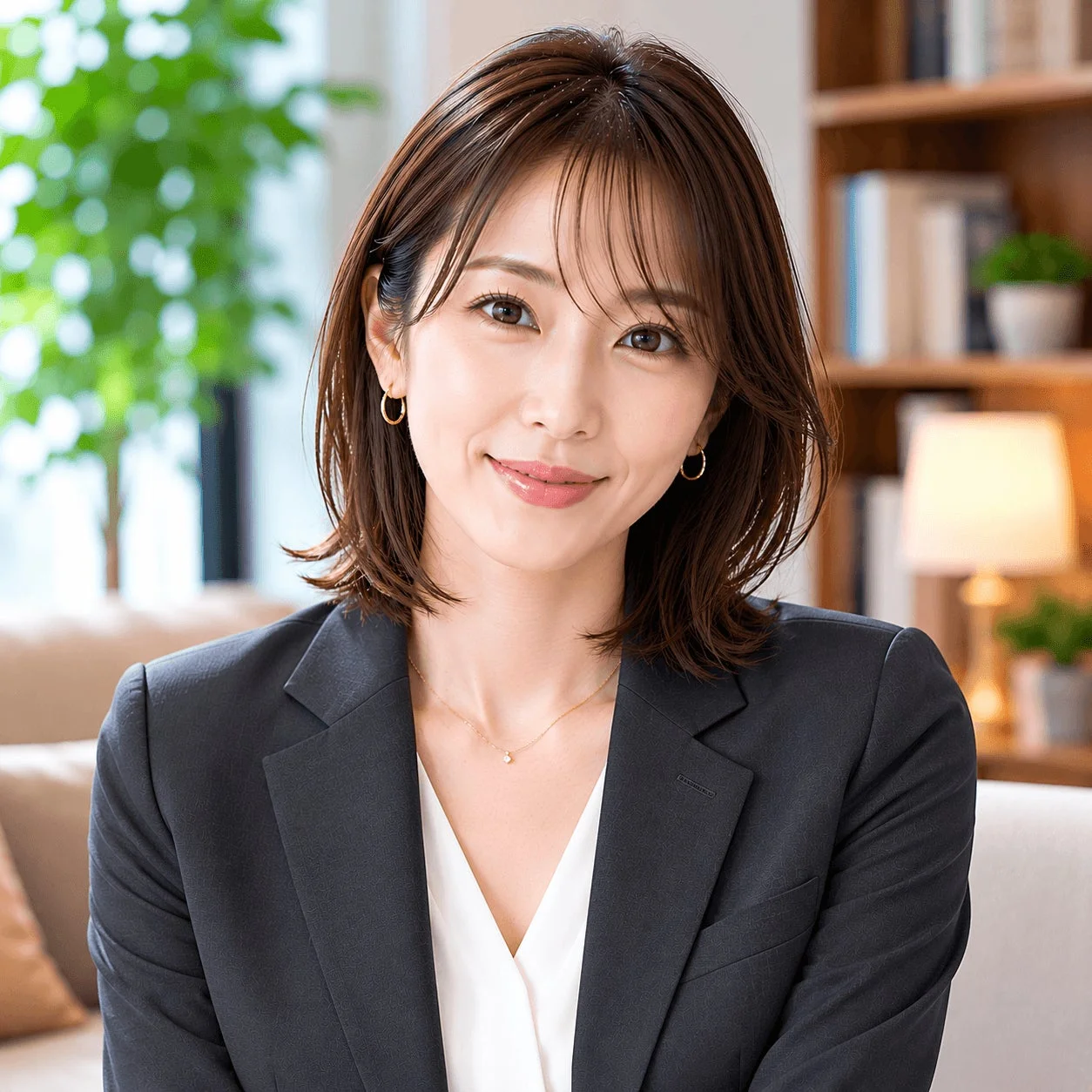 日本人女性、笑顔、ショートヘア、スーツ、ビジネス、プロフェッショナル、屋内、ポートレート、明るい、信頼感