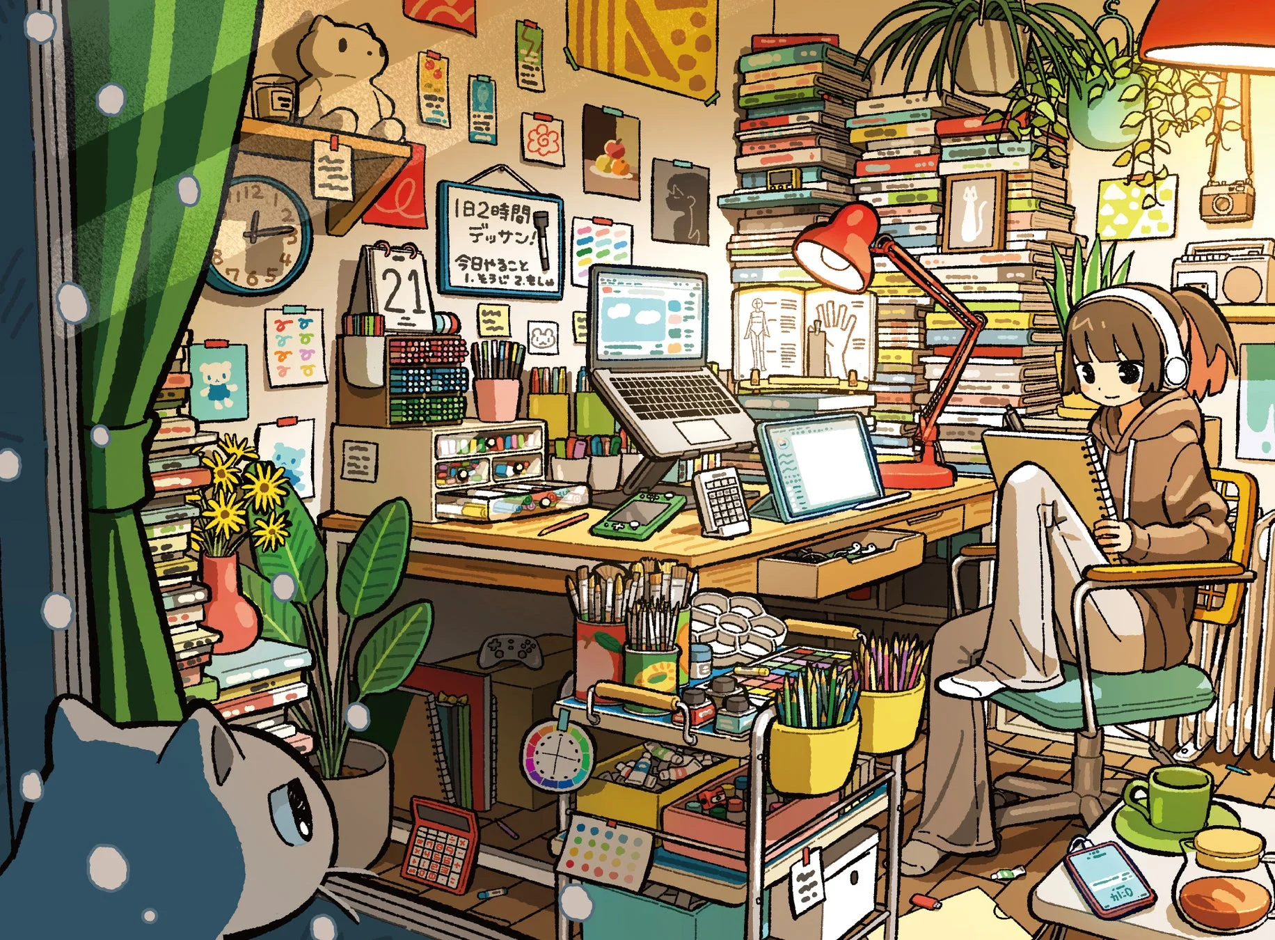 ヘッドホンをした少女がデスクで絵を描くクリエイティブな部屋にいる猫