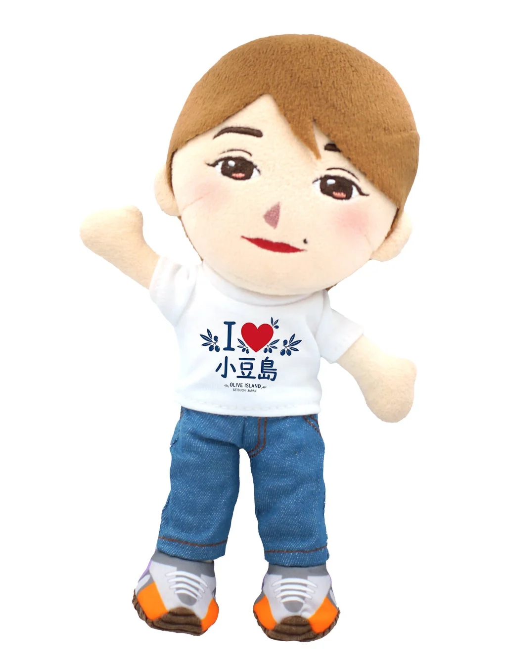 白いTシャツとジーンズを着用した小豆島をテーマにしたかわいらしいぬいぐるみです。