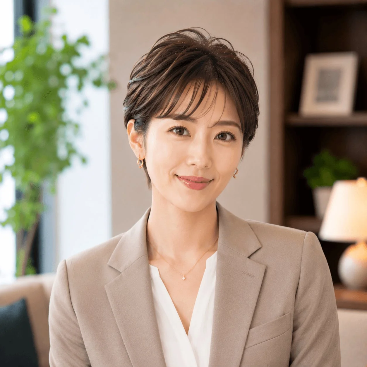 女性、ショートヘア、スーツ、ビジネス、笑顔、屋内、ポートレート、真面目、プロフェッショナル、ファッション