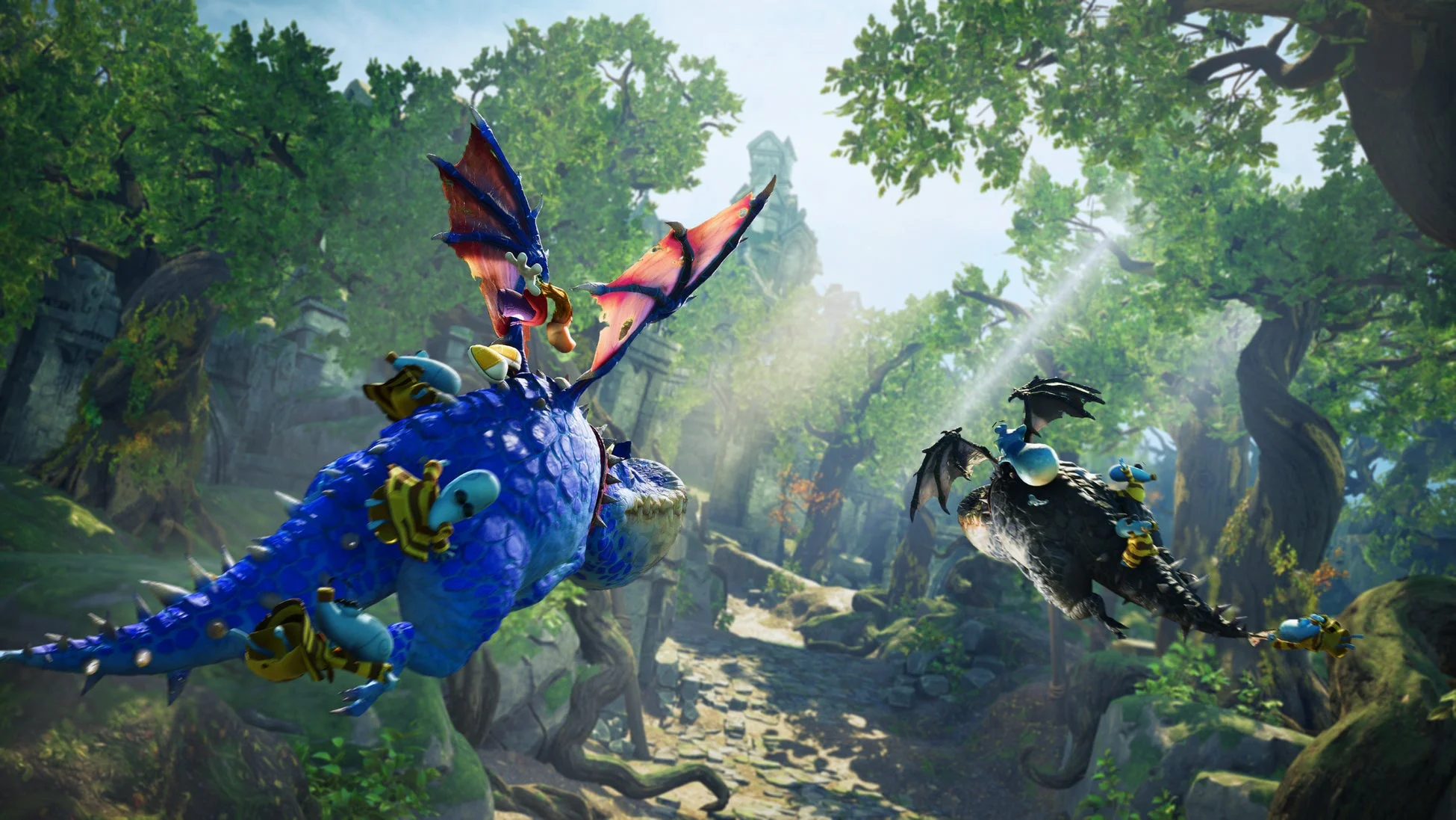 緑豊かな森の中を2匹のドラゴンが飛行している幻想的な風景