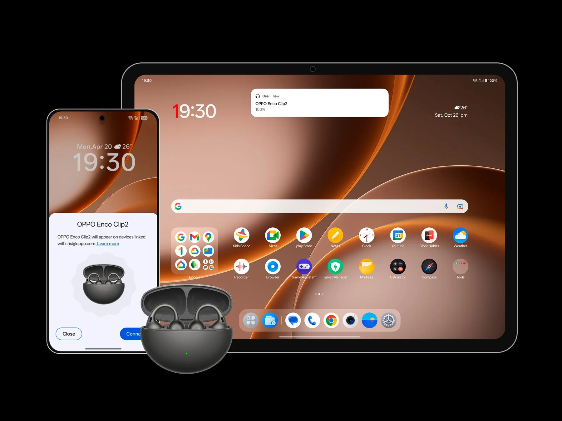 スマートフォンとタブレットにワイヤレスイヤホン「OPPO Enco Clip2」が連携表示されている画像