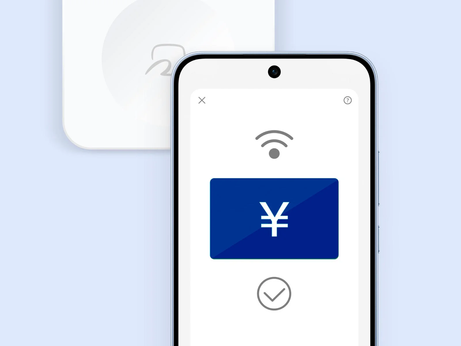 スマートフォンで非接触型モバイル決済が行われている場面です。画面には円/元の通貨記号とワイヤレス通信アイコン、完了を示すチェックマークが表示され、背景には決済端末が一部見えます。