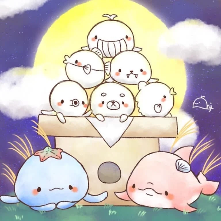 満月を背景に海の生き物のようなキャラクターたちが描かれたイラスト