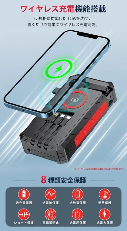 ワイヤレス充電と内蔵ケーブルの機能
