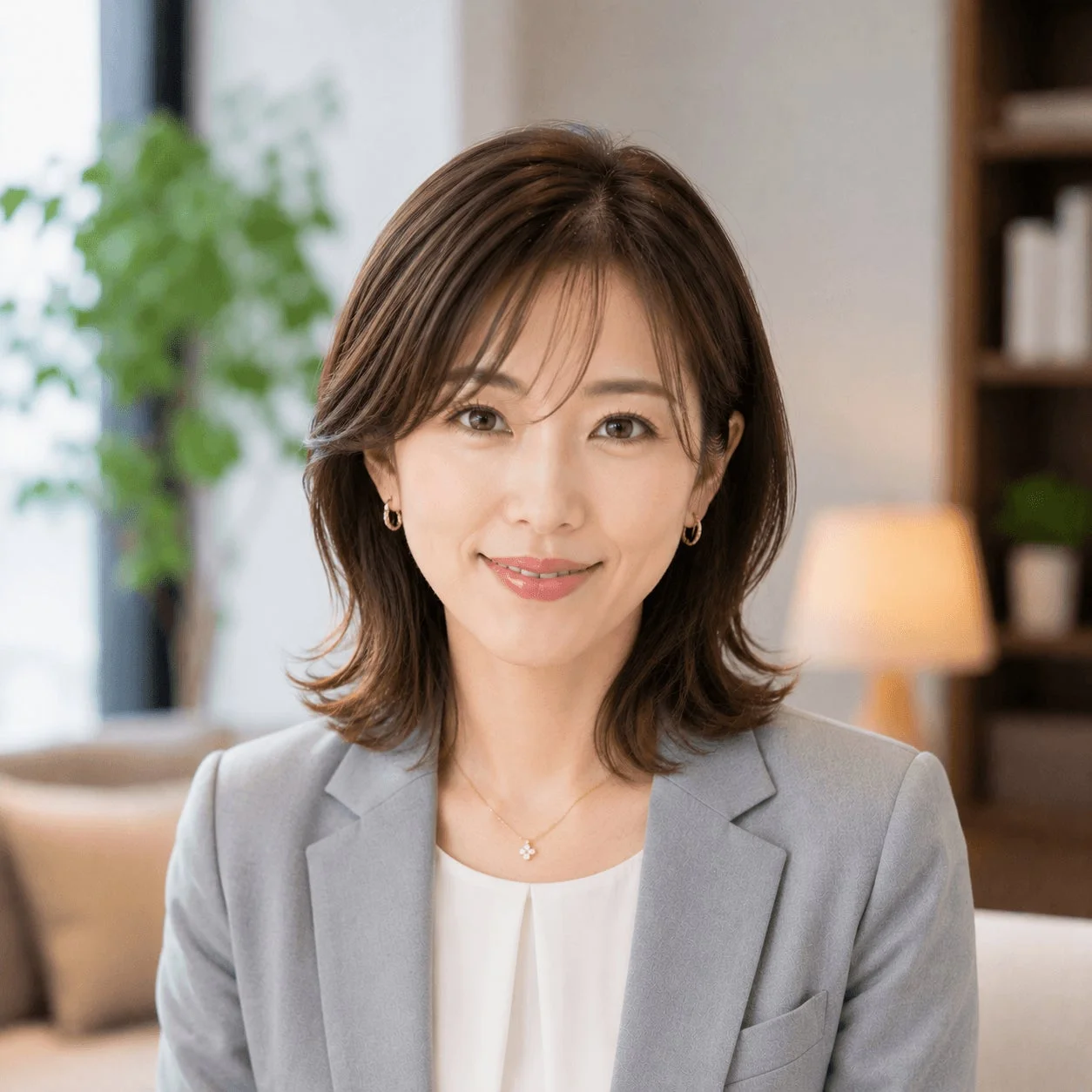 女性、笑顔、ビジネス、スーツ、グレーのジャケット、ショートヘア、ポートレート、室内、日本人、ピアス、ネックレス、プロフェッショナル