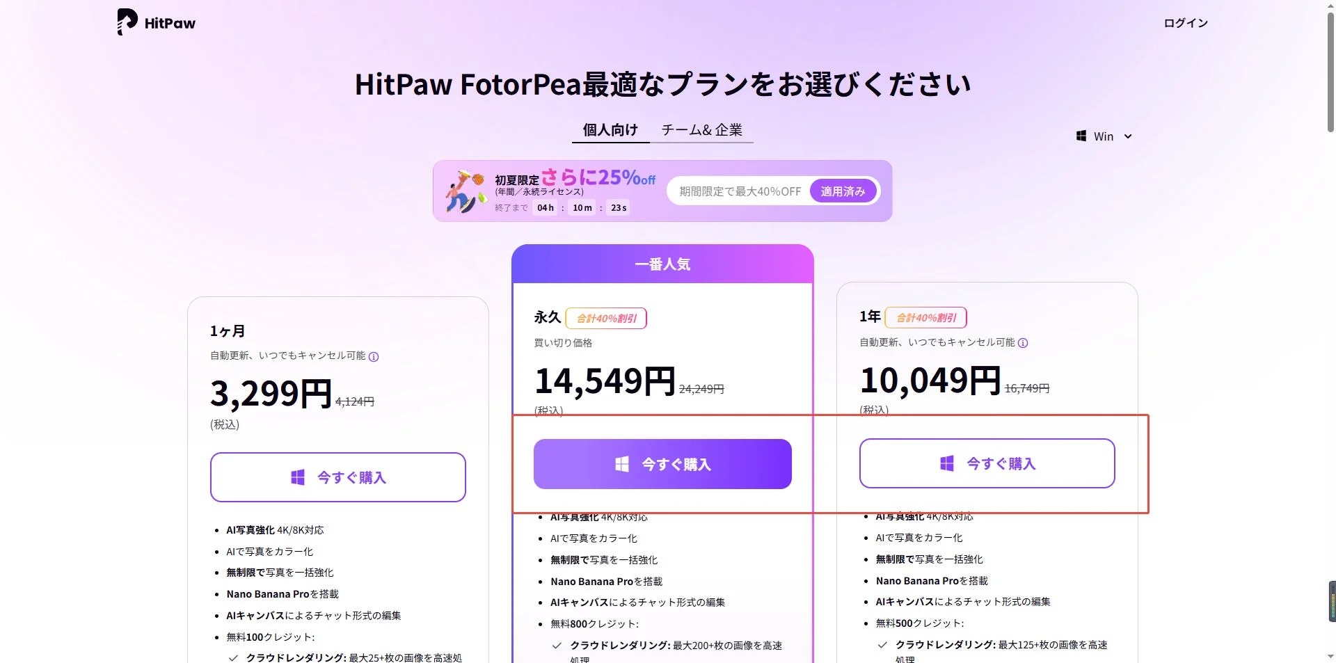 HitPaw FotorPeaの料金プラン選択後の購入手続き画面
