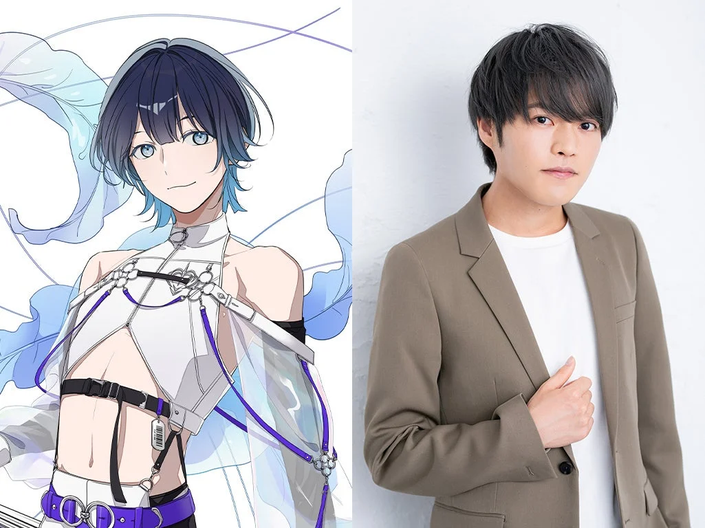 青い髪の男性アニメキャラクターと、白いTシャツとベージュのジャケットを着た黒髪の男性が写っている画像
